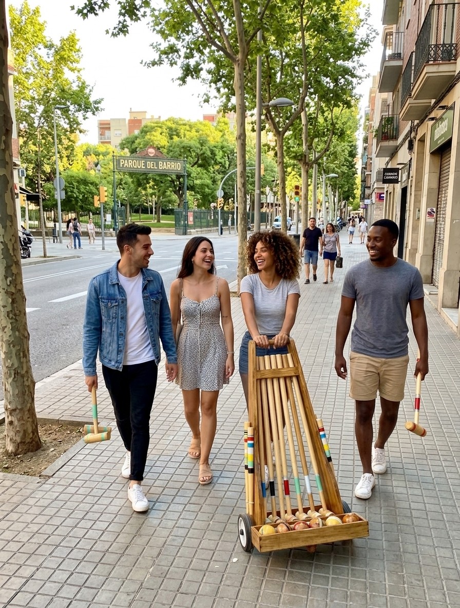 Cuatro amigos caminando por la vereda con el carro de croquet Zuliger
