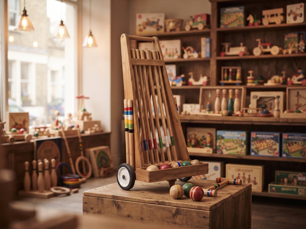 Juego de croquet Zuliger con carro exhibido en una juguetería