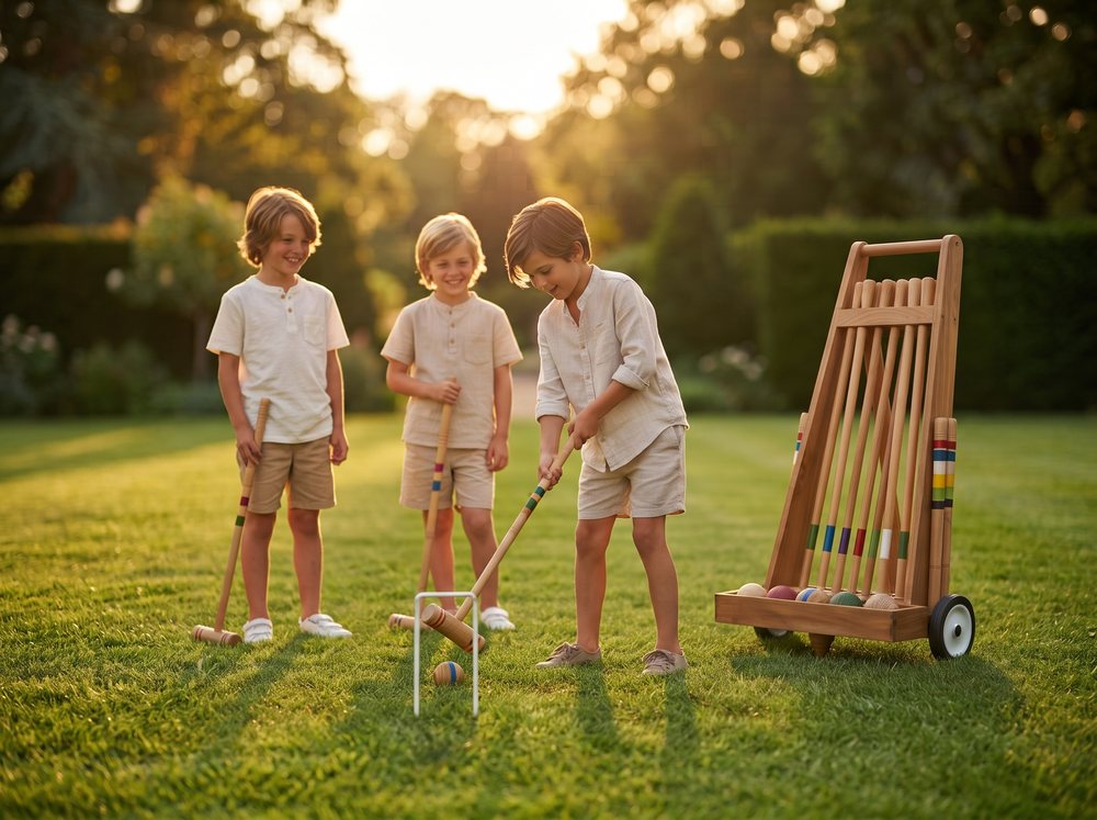 Chicos jugando al croquet junior Zuliger en un jardín, con el carro de madera