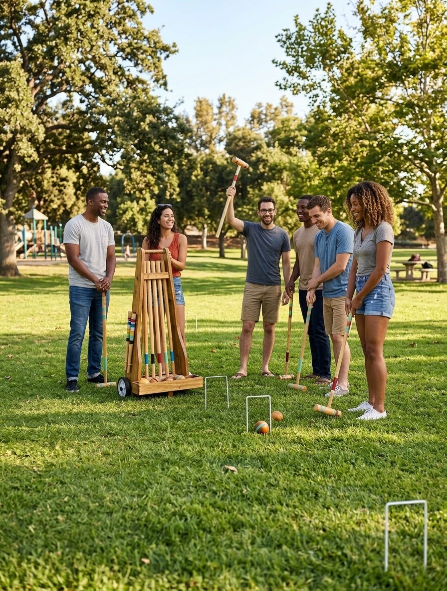 Amigos jugando al croquet en el parque con el carro de madera Zuliger