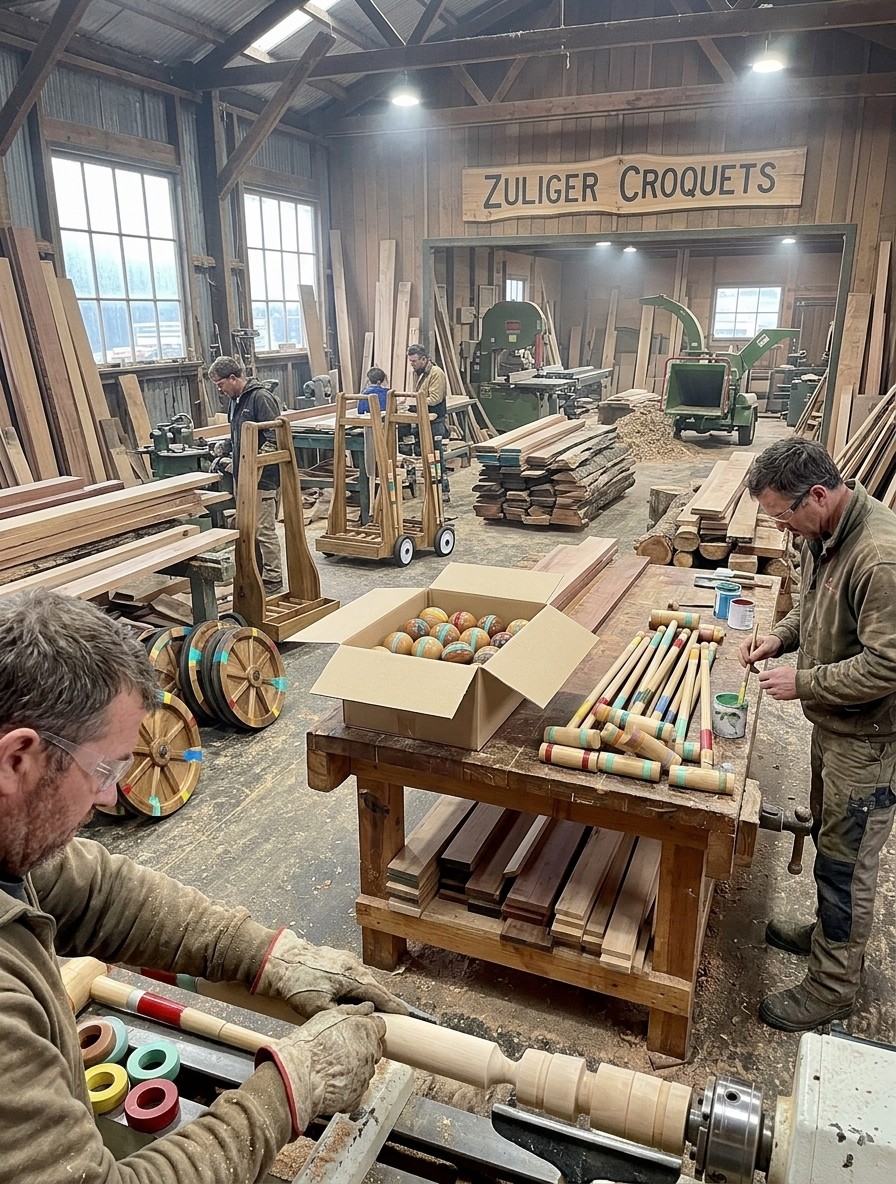 Interior del aserradero de Zuliger Croquets con artesanos trabajando la madera